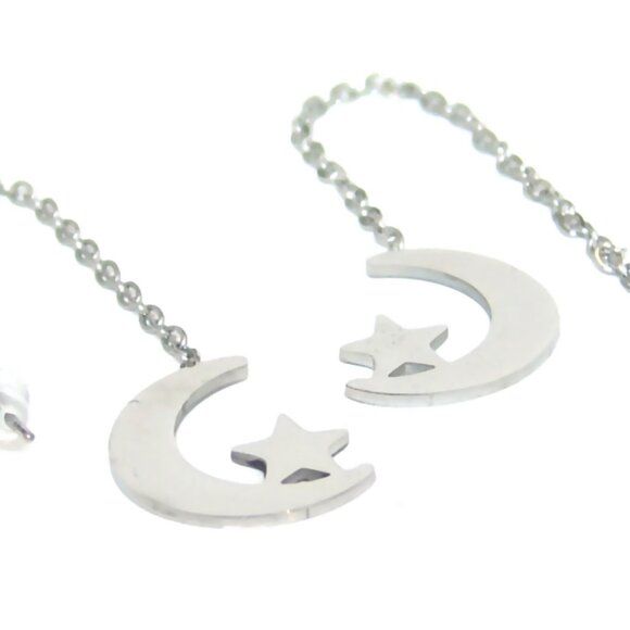 Threader Earrings Crescent Moon Star Stainless Surgical Steel Hypoallergenic - Picture 2 of 3